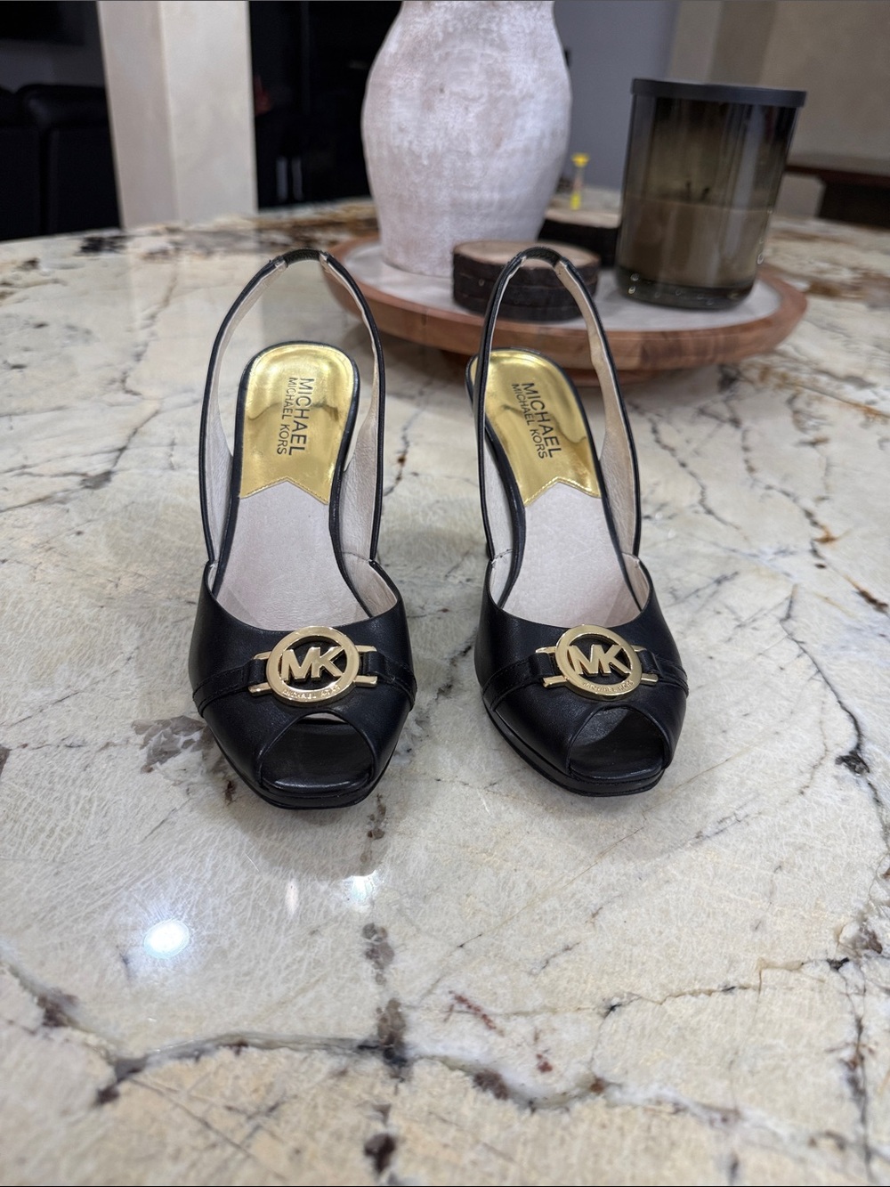 MICHAEL Michael Kors Black Peep-Toe Slingback Heels with Gold MK Medallion